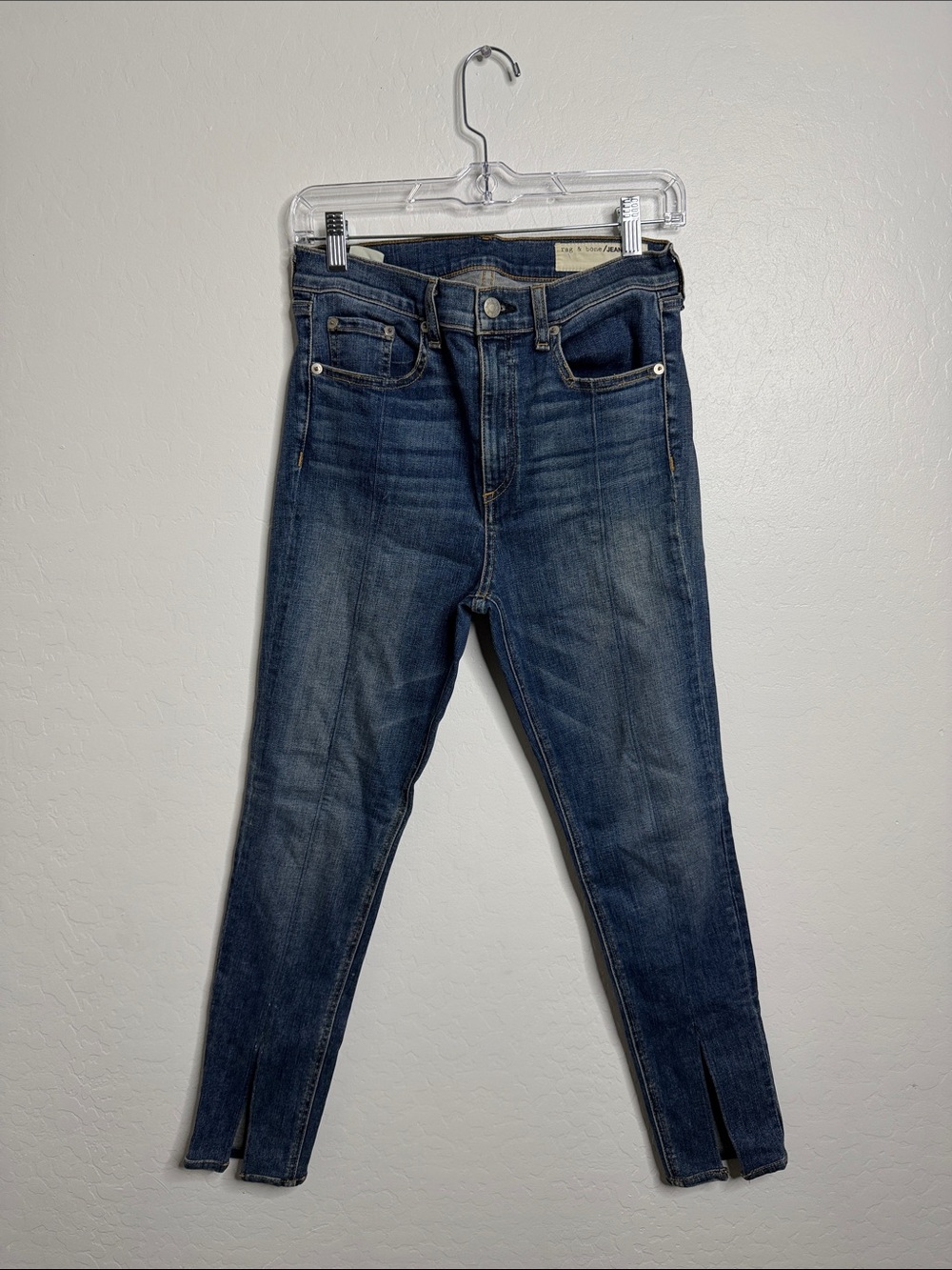 rag & bone Women's Skinny Jeans — Mid/Dark Blue Denim with Ankle Slits